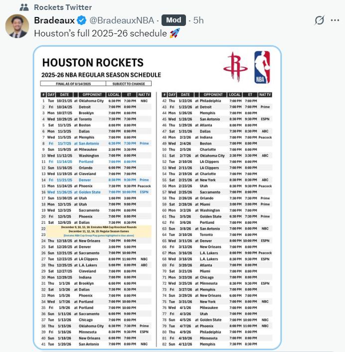 场全美直播, 赛程, 盟让这支火